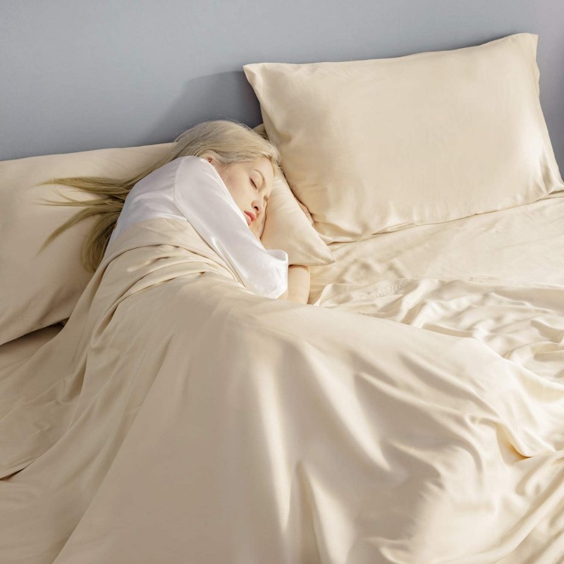 Bedsure Sábanas 100% bambú King Size Sábanas refrescantes con bolsillo profundo, súper suaves, hipoalergénicas, transpirables, 4 piezas, 1 sábana bajera ajustable de 16 pulgadas, 1 sábana encimera, 2 fundas de almohada, color beige