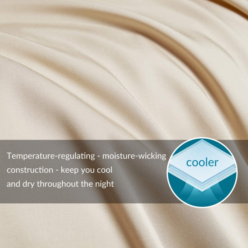 Bedsure Sábanas 100% bambú King Size Sábanas refrescantes con bolsillo profundo, súper suaves, hipoalergénicas, transpirables, 4 piezas, 1 sábana bajera ajustable de 16 pulgadas, 1 sábana encimera, 2 fundas de almohada, color beige