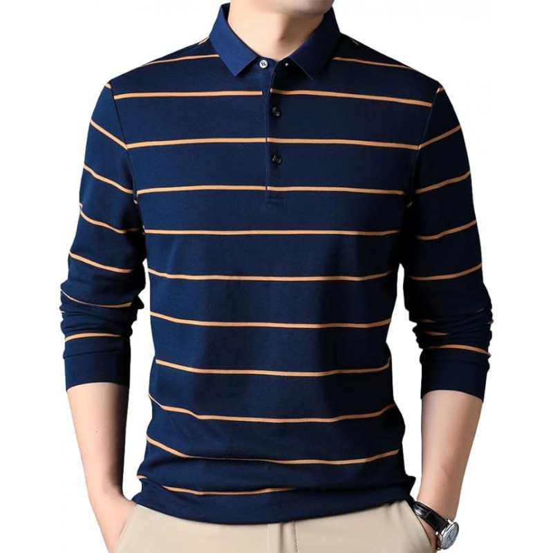 Camiseta polo de manga larga con cuello y corte entallado a rayas de algodón informal para hombre Camiseta polo de manga larga con cuello y corte entallado a rayas de algodón informal para hombre