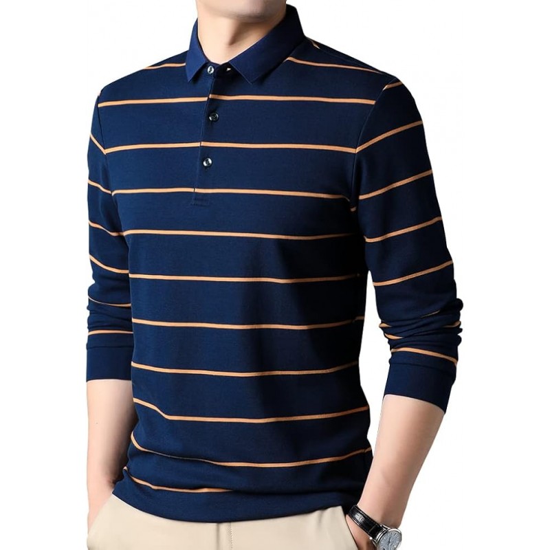 Camiseta polo de manga larga con cuello y corte entallado a rayas de algodón informal para hombre