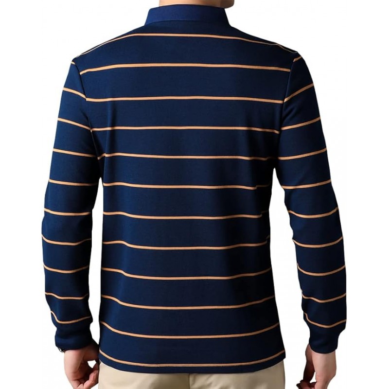 Camiseta polo de manga larga con cuello y corte entallado a rayas de algodón informal para hombre