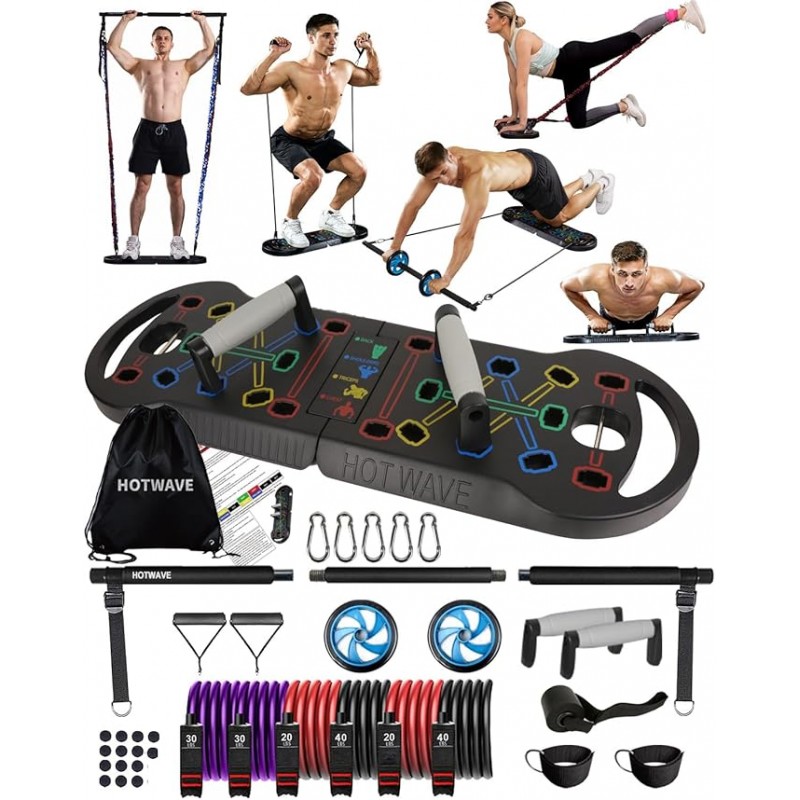 Equipo de ejercicio portátil Hotwave con 16 accesorios de gimnasio.20 En 1 Fitness de la mesa de empuje, bandas de resistencia con rueda de rodillo AB, entrenamiento en casa para hombres