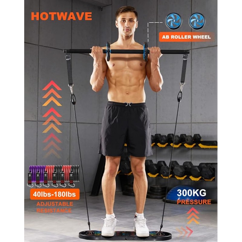 Equipo de ejercicio portátil Hotwave con 16 accesorios de gimnasio.20 En 1 Fitness de la mesa de empuje, bandas de resistencia con rueda de rodillo AB, entrenamiento en casa para hombres