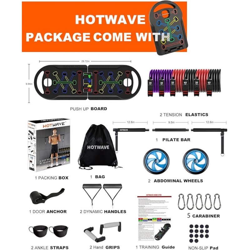 Equipo de ejercicio portátil Hotwave con 16 accesorios de gimnasio.20 En 1 Fitness de la mesa de empuje, bandas de resistencia con rueda de rodillo AB, entrenamiento en casa para hombres