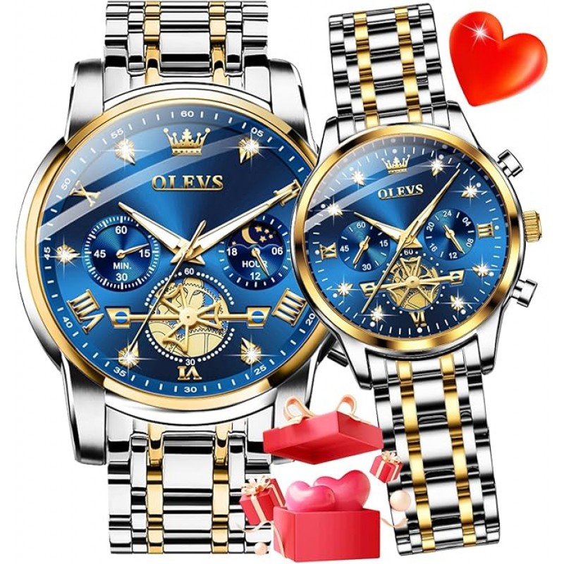 OLEVS Reloj para Parejas Reloj para él y para Ella Reloj analógico de Cuarzo para Hombres y Mujeres Reloj a Juego con Diamantes Reloj cronógrafo romántico para el día de San Valentín