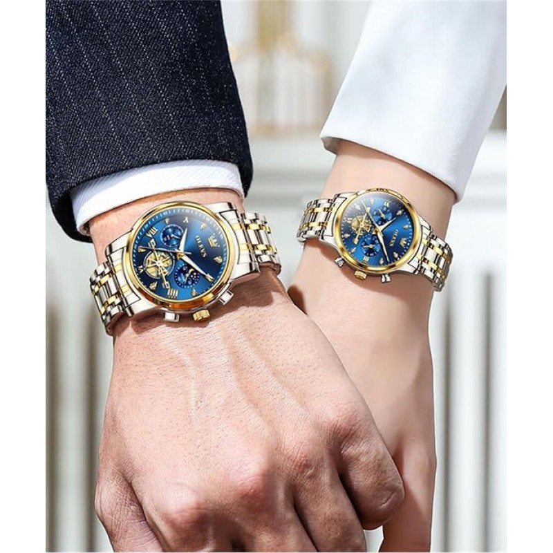 OLEVS Reloj para Parejas Reloj para él y para Ella Reloj analógico de Cuarzo para Hombres y Mujeres Reloj a Juego con Diamantes Reloj cronógrafo romántico para el día de San Valentín