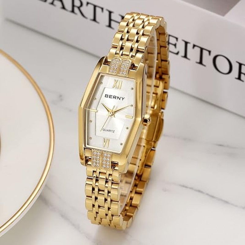 Berny Gold Watches for Women Dainty Hexagon Ladies Quartz Watch Watches Band de acero inoxidable Moda Analógico Pulsera de lujo