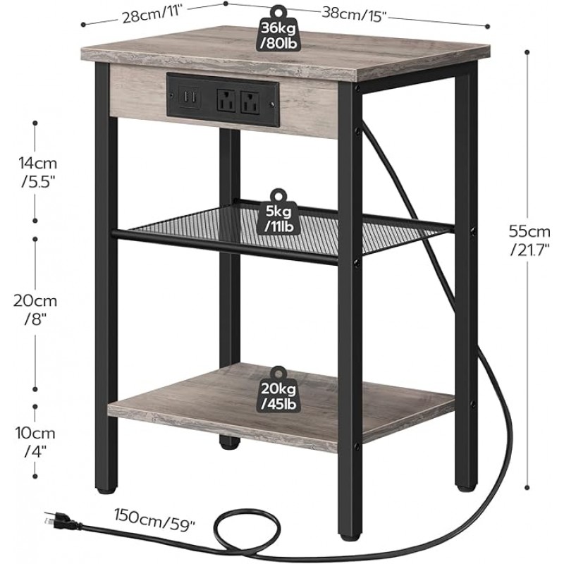 Tablas de mesas de Hoobro End de 2 con estación de carga y puertos USB, mesas de noche de 3 niveles con estantes ajustables, mesas laterales estrechas para espacio pequeño en sala de estar, dormitorio y balcón, Greige BG112BZP201