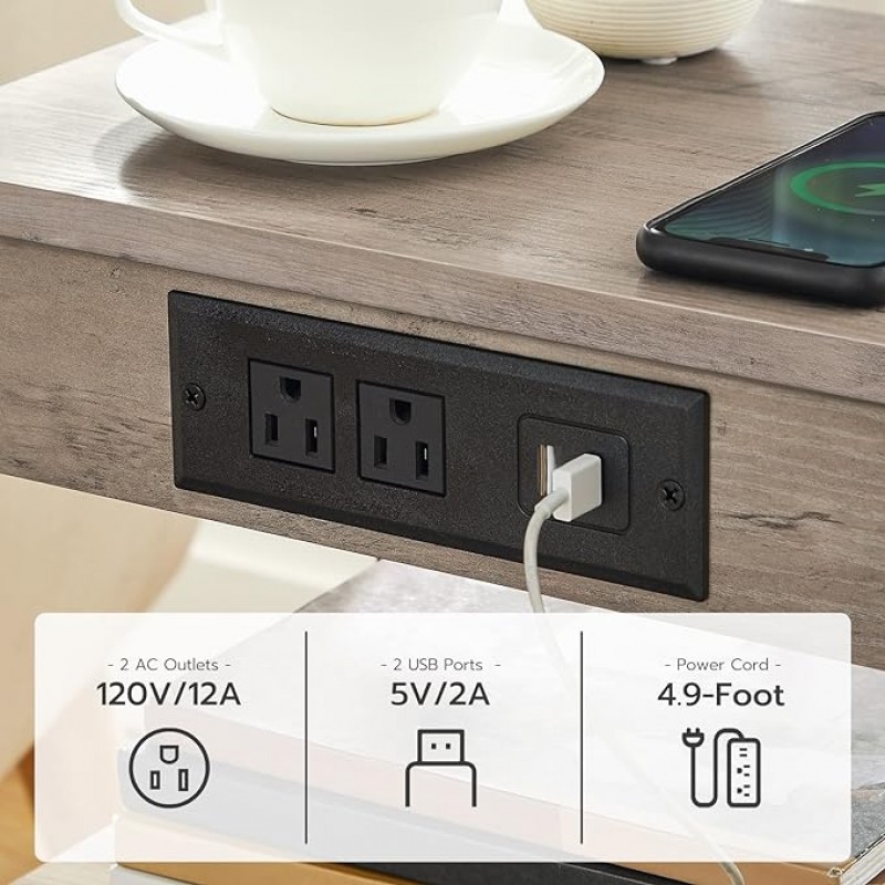 Tablas de mesas de Hoobro End de 2 con estación de carga y puertos USB, mesas de noche de 3 niveles con estantes ajustables, mesas laterales estrechas para espacio pequeño en sala de estar, dormitorio y balcón, Greige BG112BZP201