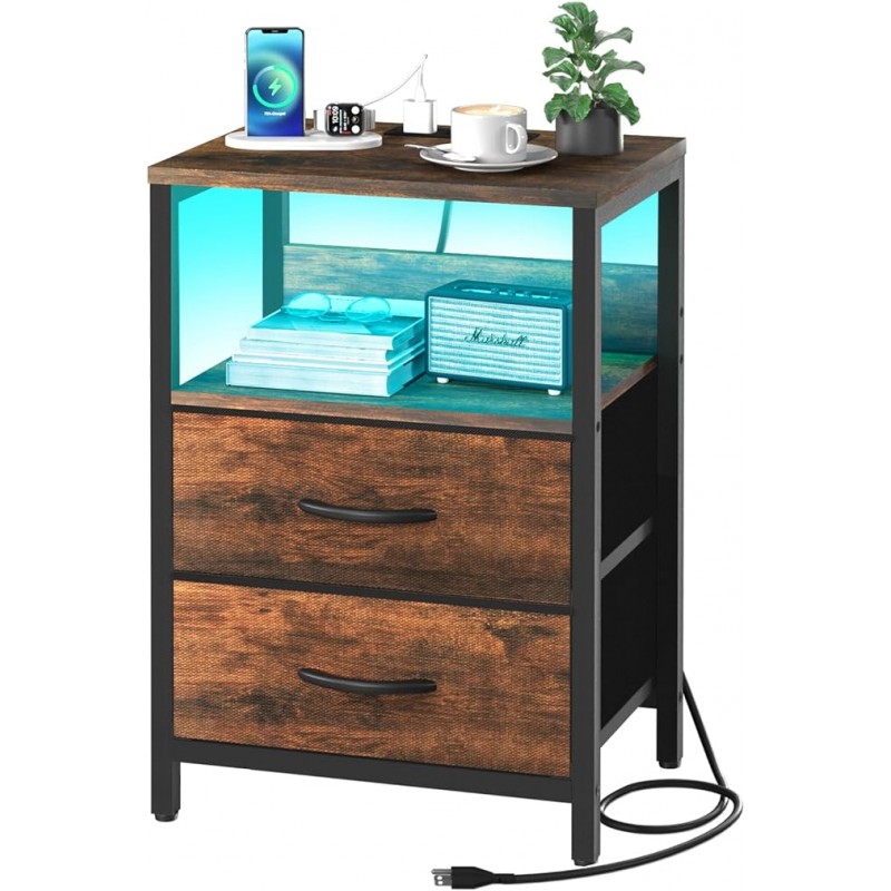 Mesita de noche Yoobure con estación de carga, mesita de noche LED con cajones de tela y estante de almacenamiento para dormitorio, mesitas de noche con puertos y tomas USB, mesitas de noche pequeñas, mesa auxiliar de cama