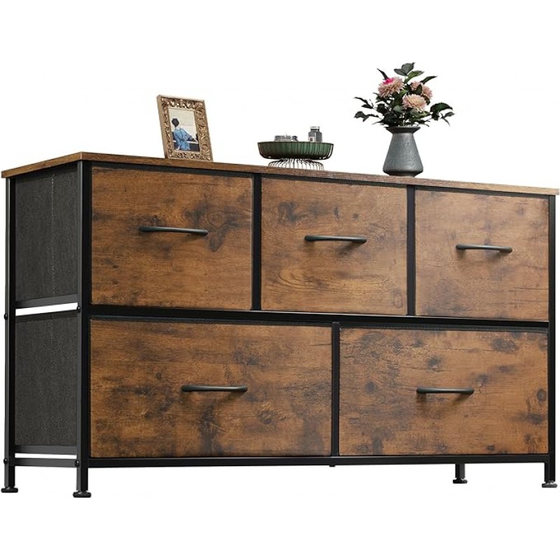 Tocador de wlive para dormitorio con 5 cajones, cajones anchos, tocador de tela, unidad de organizador de almacenamiento con contenedores de tela para armario, sala de estar, pasillo, estampado de grano de madera marrón rústica