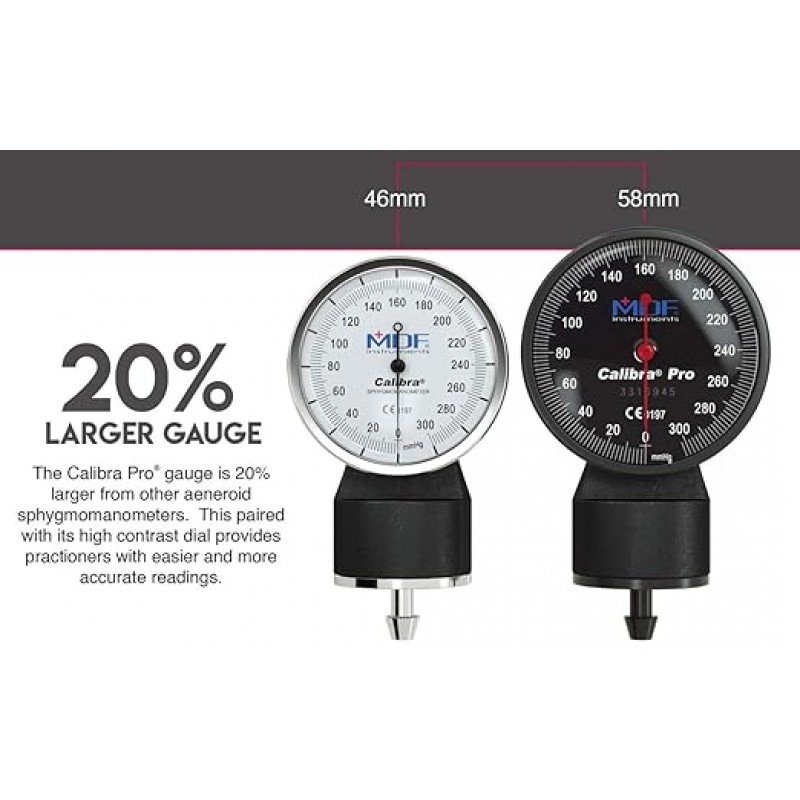 Instrumentos MDF, Spigmomanómetro aneroide calibra Pro de calibre extra grande con protector de choque y manguito de tamaño adulto incluido, calibración de por vida, dial negro, brazalete negro, mdf808b11