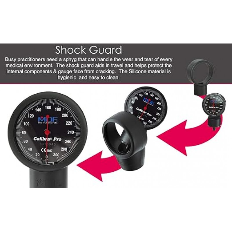 Instrumentos MDF, Spigmomanómetro aneroide calibra Pro de calibre extra grande con protector de choque y manguito de tamaño adulto incluido, calibración de por vida, dial negro, brazalete negro, mdf808b11