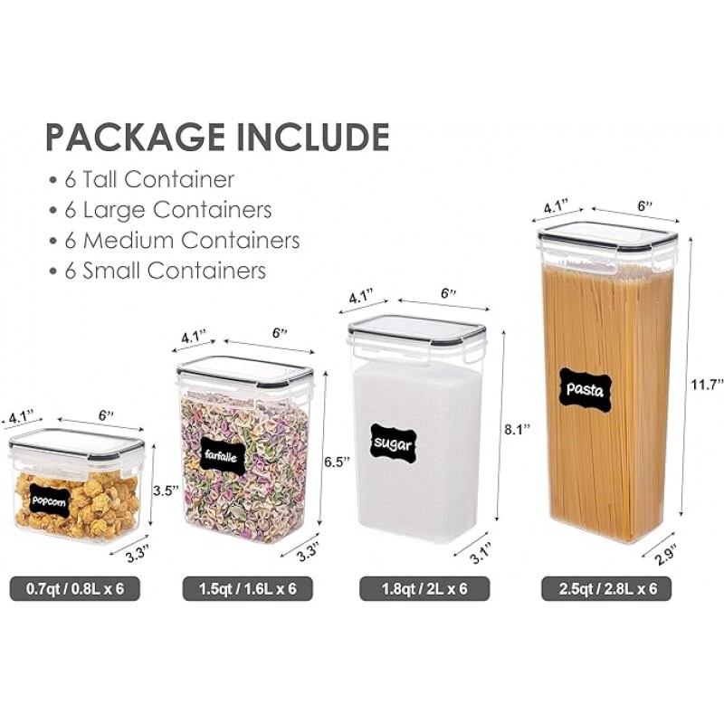 Vtopmart recipientes de almacenamiento de alimentos herméticos con tapas, 24 PC Catáneas de la organización de la cocina de plástico y la despensa para cereales, alimentos secos, harina y azúcar, sin BPA, incluye 24 etiquetas