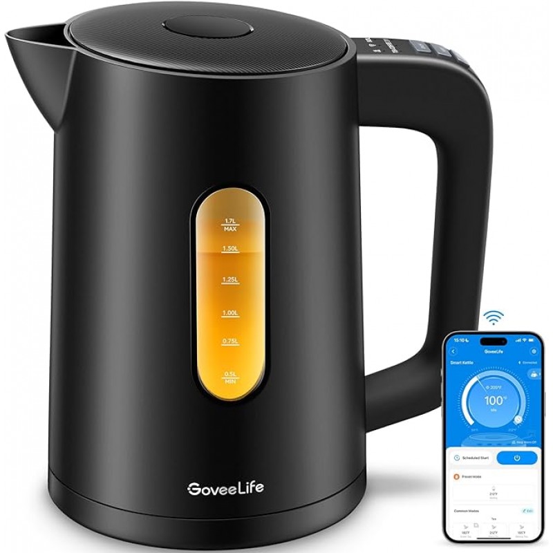 GoveeLife Hervidor eléctrico inteligente con control de temperatura de 1,7 L, hervidor de té eléctrico WiFi con luces indicadoras LED, ebullición rápida de 1500W, 2 horas de mantenimiento caliente