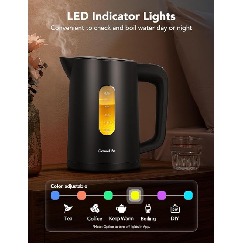 GoveeLife Hervidor eléctrico inteligente con control de temperatura de 1,7 L, hervidor de té eléctrico WiFi con luces indicadoras LED, ebullición rápida de 1500W, 2 horas de mantenimiento caliente