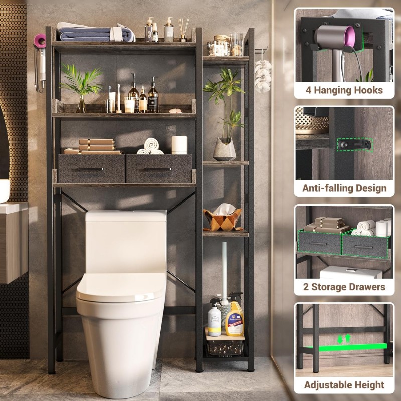 Almacenamiento sobre el inodoro con 2 cajones – Organizador de baño de 7 niveles con estante ajustable, estante de almacenamiento independiente para ahorrar espacio encima del soporte del inodoro con 4 ganchos para baño, lavandería, roble gris