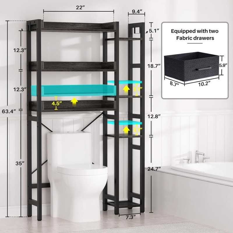 Almacenamiento sobre el inodoro con 2 cajones – Organizador de baño de 7 niveles con estante ajustable, estante de almacenamiento independiente para ahorrar espacio encima del soporte del inodoro con 4 ganchos para baño, lavandería, roble gris