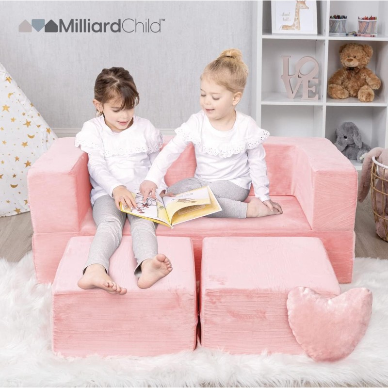 Milliard Kids Couch - Sofá modular para niños para niños pequeños y bebés, muebles de dormitorio/sala de juegos (rosa) con almohada adicional