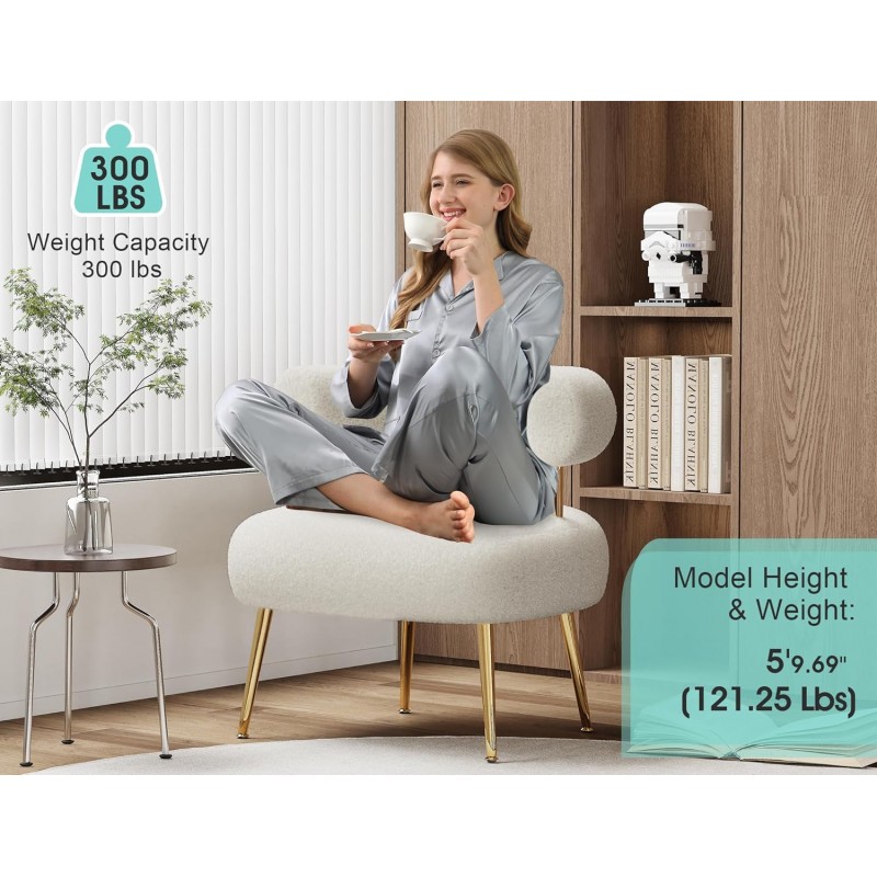 Silla decorativa Sherpa Boucle de mediados de siglo, sillón redondo tapizado para espacios pequeños, sofá esquinero lateral esponjoso para sala de estar, dormitorio, tocador, oficina, rincón de lectura (blanco crema)