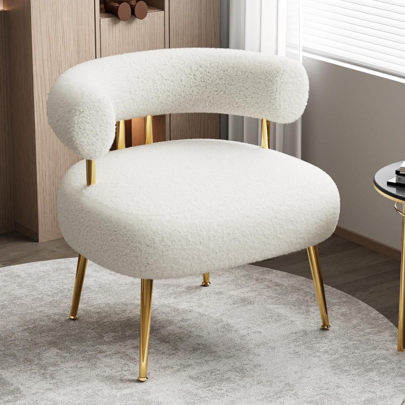 Silla decorativa Sherpa Boucle de mediados de siglo, sillón redondo tapizado para espacios pequeños, sofá esquinero lateral esponjoso para sala de estar, dormitorio, tocador, oficina, rincón de lectura (blanco crema)