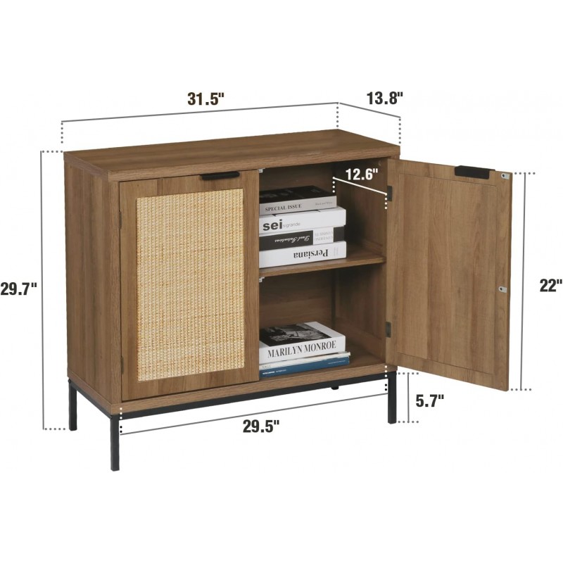 Anmytek Gabinete de almacenamiento rústico con acento de roble con 2 puertas de ratán, aparador de madera natural de mediados de siglo para sala de estar H0045