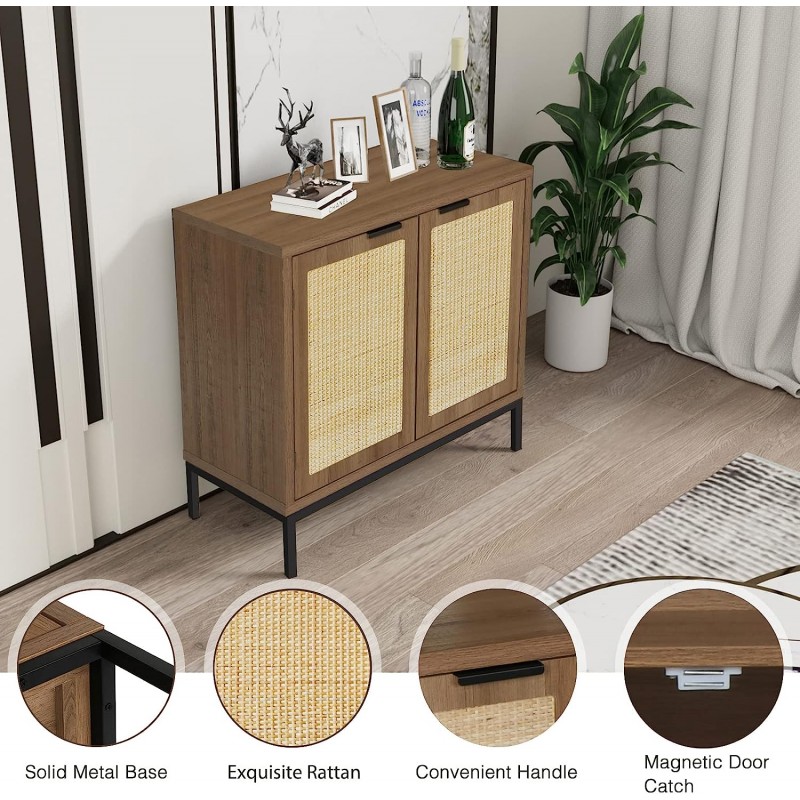 Anmytek Gabinete de almacenamiento rústico con acento de roble con 2 puertas de ratán, aparador de madera natural de mediados de siglo para sala de estar H0045