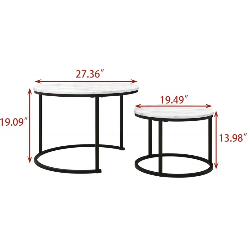 Pasa el cursor sobre la imagen para ampliarla 6 VIDEOS Mesa de centro redonda nido, juego de 2 mesas auxiliares para sala de estar, mesa de centro circular y de mármol, muebles decorativos de madera con marco de metal, mesas auxiliares apilables, negro