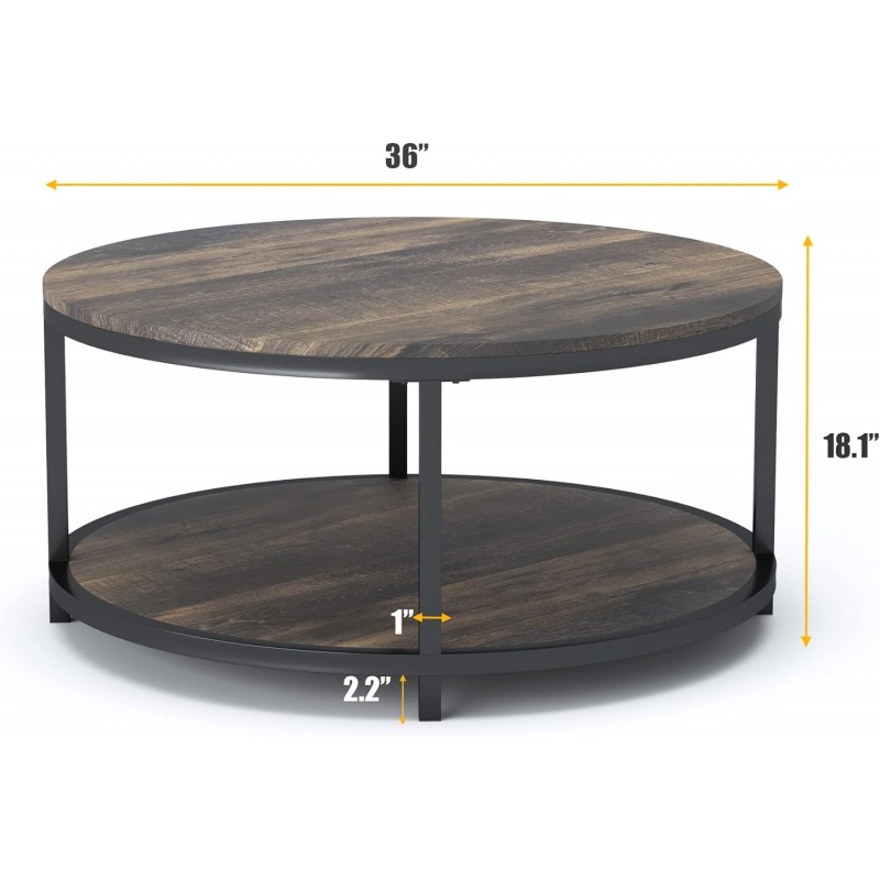 NSdirect Mesa de centro redonda de 36 pulgadas, superficie de madera rústica y patas de metal resistentes, mesa de sofá industrial para sala de estar, muebles de hogar de diseño moderno con estante abierto de almacenamiento (marrón rústico)