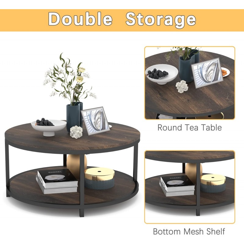 NSdirect Mesa de centro redonda de 36 pulgadas, superficie de madera rústica y patas de metal resistentes, mesa de sofá industrial para sala de estar, muebles de hogar de diseño moderno con estante abierto de almacenamiento (marrón rústico)