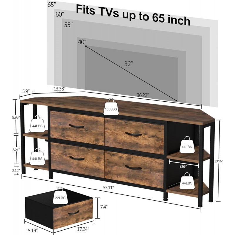 EXOTICA Soporte de esquina para TV para sala de estar con 4 cajones y toma de corriente Centro de entretenimiento de esquina industrial para televisores de hasta 65 pulgadas Mesa consola de esquina de granja 