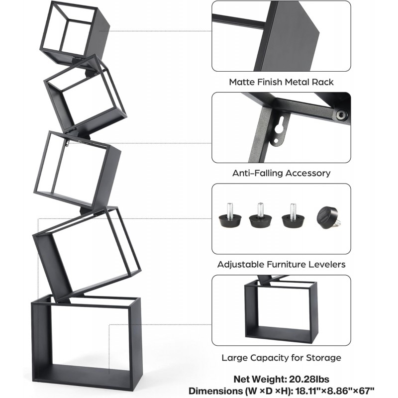 Librería de 5 niveles negra, estantería negra de 67 pulgadas de alto, estantería moderna para libros, estantes de almacenamiento para CD/libros/decoración del hogar, estante de exhibición para sala de estar, dormitorio, sala de estudio, cuarto de niños
