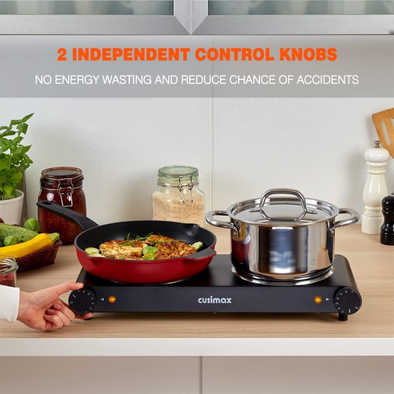 Quemador doble, CUSIMAX quemador eléctrico placa caliente de cerámica, quemador infrarrojo portátil de 1800 W, estufa eléctrica de doble encimera de vidrio de 7 pulgadas, acero inoxidable fácil de limpiar, compatible con todos los utensilios de cocina