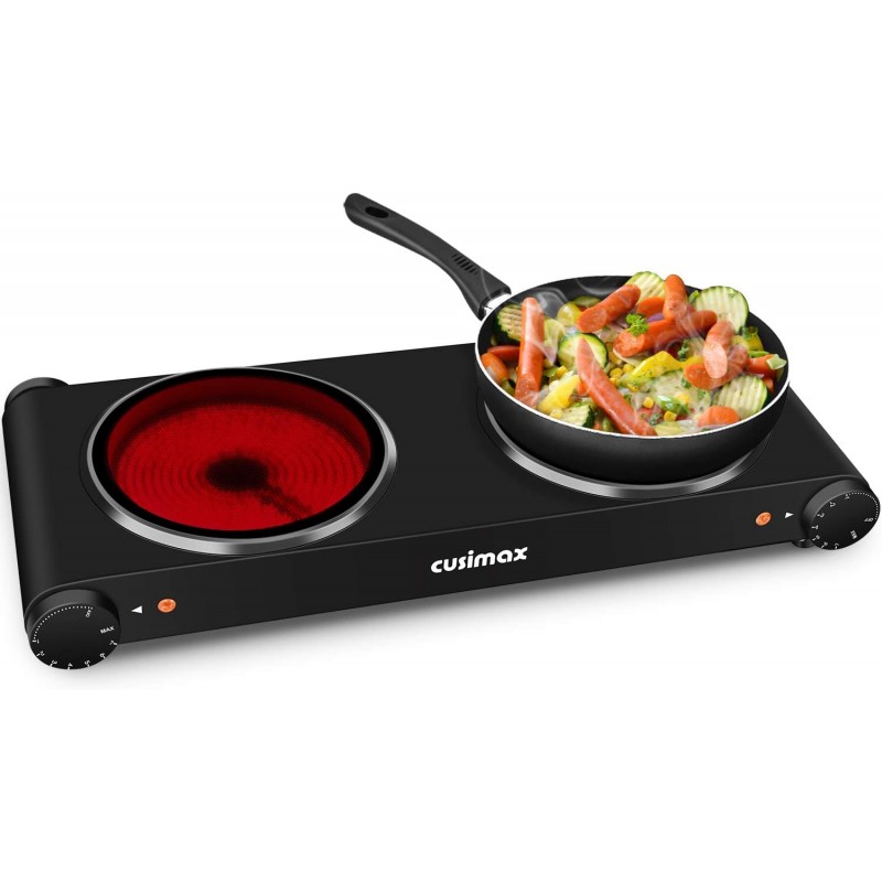 Quemador doble, CUSIMAX quemador eléctrico placa caliente de cerámica, quemador infrarrojo portátil de 1800 W, estufa eléctrica de doble encimera de vidrio de 7 pulgadas, acero inoxidable fácil de limpiar, compatible con todos los utensilios de cocina