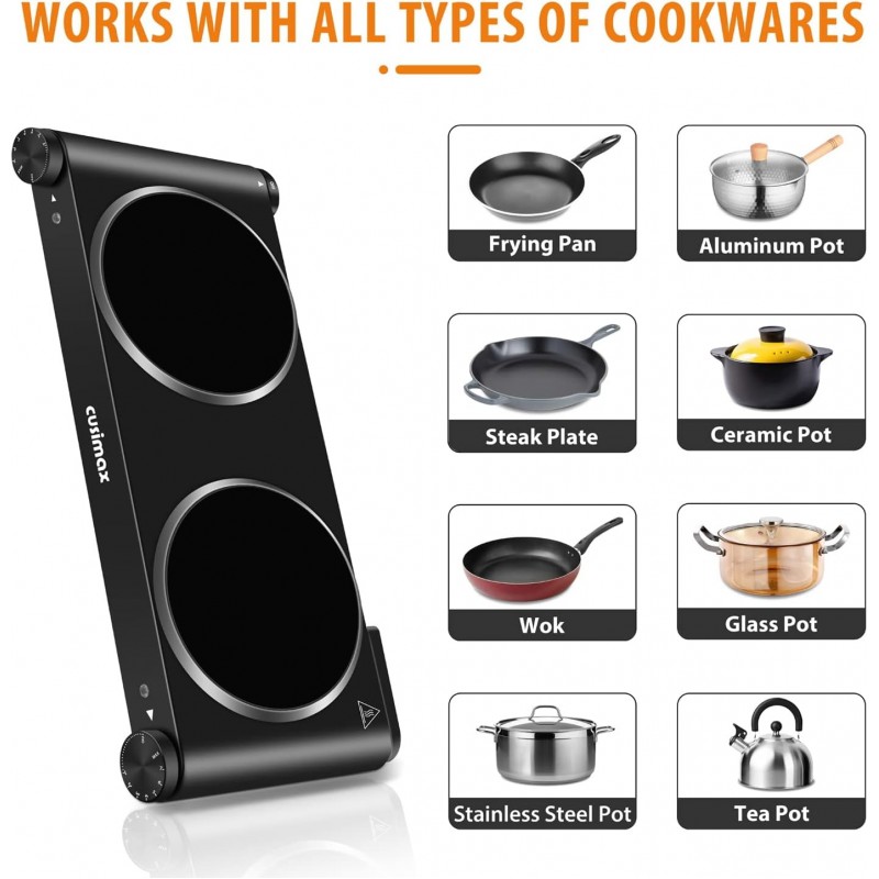 Quemador doble, CUSIMAX quemador eléctrico placa caliente de cerámica, quemador infrarrojo portátil de 1800 W, estufa eléctrica de doble encimera de vidrio de 7 pulgadas, acero inoxidable fácil de limpiar, compatible con todos los utensilios de cocina