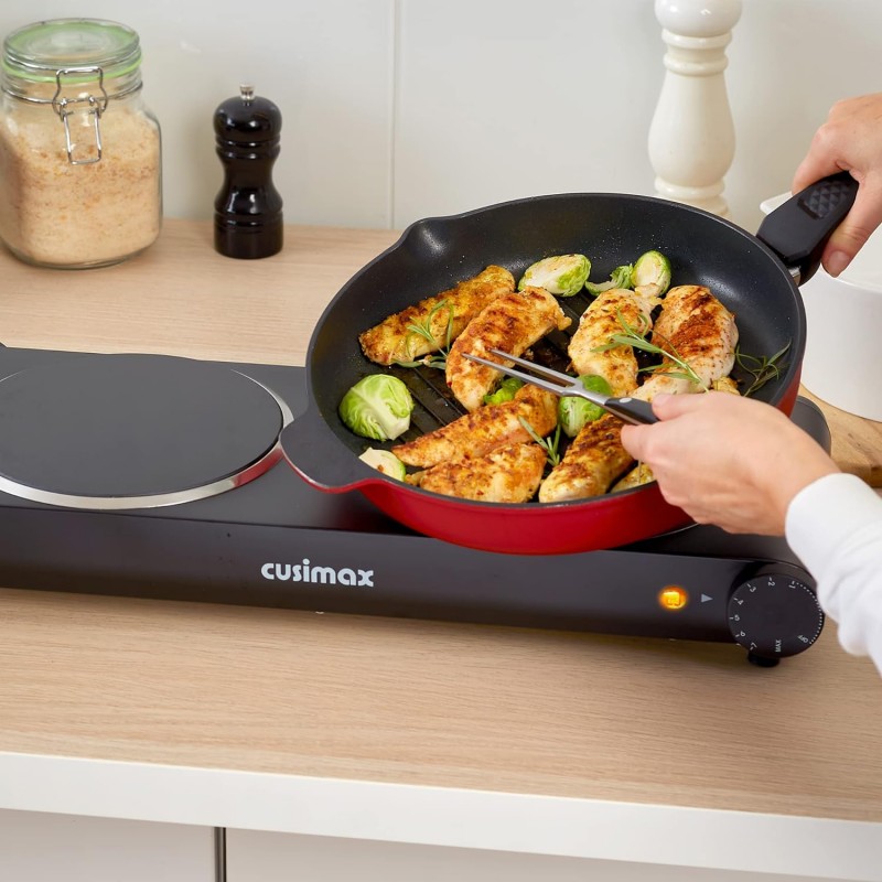 Quemador doble, CUSIMAX quemador eléctrico placa caliente de cerámica, quemador infrarrojo portátil de 1800 W, estufa eléctrica de doble encimera de vidrio de 7 pulgadas, acero inoxidable fácil de limpiar, compatible con todos los utensilios de cocina
