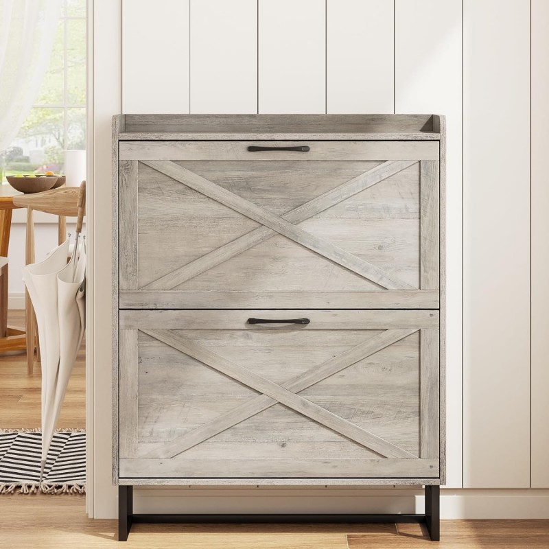 Maupvit Zapatero con 2 cajones abatibles, organizador independiente para zapatos con patas de metal, gabinete de almacenamiento de zapatos para entrada, zapatero estrecho, gris lavado