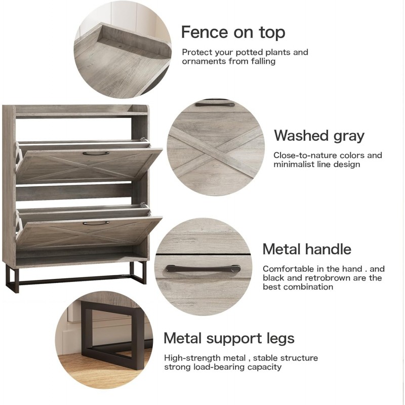 Maupvit Zapatero con 2 cajones abatibles, organizador independiente para zapatos con patas de metal, gabinete de almacenamiento de zapatos para entrada, zapatero estrecho, gris lavado