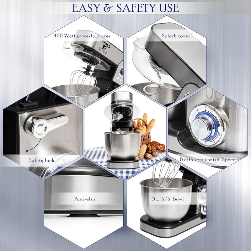 Batidora de pie para musgo y piedra con pantalla LCD, batidora eléctrica de 6 velocidades con tazón para mezclar de acero inoxidable de 5,5 cuartos, batidora de cocina con gancho para masa, batidor de huevos, batidor y espátula para hornear