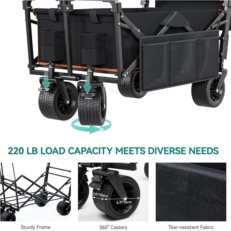 YITAHOME Carro plegable grande con toldo extraíble, carro plegable para exteriores resistente con asas ajustables y ruedas giratorias flexibles, carro utilitario para camping, compras, deportes, playa, color negro