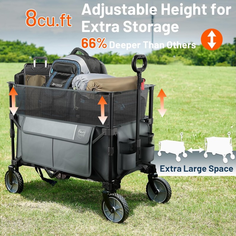 TIMBER RIDGE Carrito plegable para exteriores, carrito de servicio pesado para acampar, patio, compras, jardín, con bolsa lateral, portavasos, gris, extra grande
