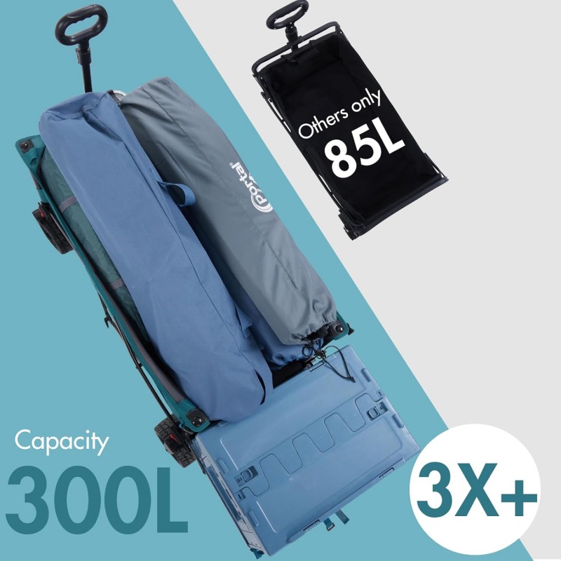 PORTAL Carro de playa plegable con ruedas grandes y portón trasero para arena, carro utilitario resistente de 325 libras con frenos, carro de playa plegable de gran capacidad de 300 L para camping, comestibles, deportes