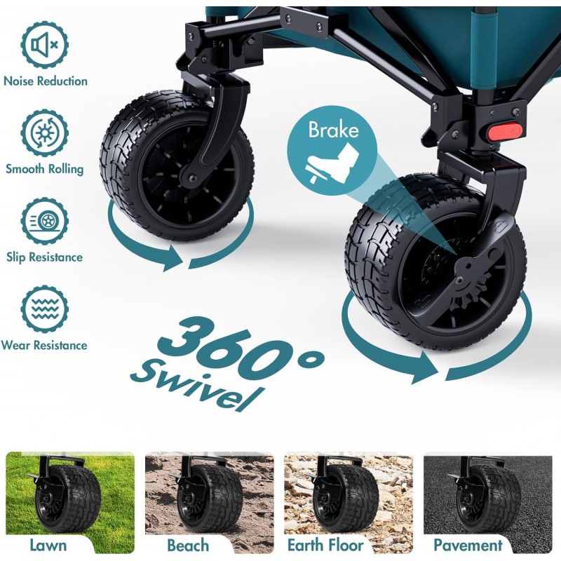 PORTAL Carro de playa plegable con ruedas grandes y portón trasero para arena, carro utilitario resistente de 325 libras con frenos, carro de playa plegable de gran capacidad de 300 L para camping, comestibles, deportes