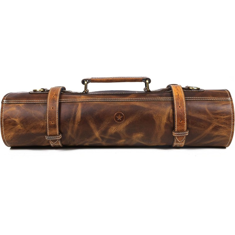 Bolsa de almacenamiento de cuero para cuchillos, 10 bolsillos elásticos y expandibles, correa de hombro ajustable/desmontable, estuche para cuchillos de chef apto para viajes de Aaron Leather Goods