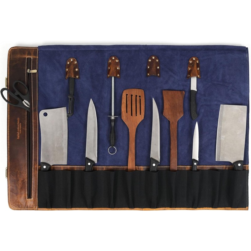 Bolsa de almacenamiento de cuero para cuchillos, 10 bolsillos elásticos y expandibles, correa de hombro ajustable/desmontable, estuche para cuchillos de chef apto para viajes de Aaron Leather Goods