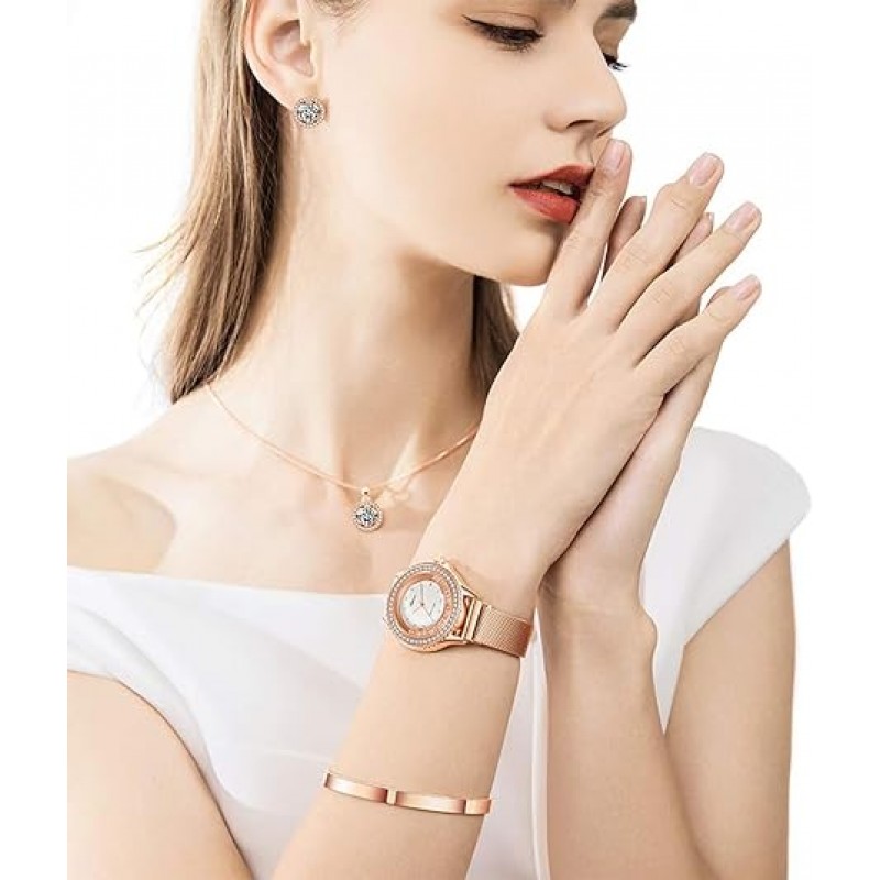 Conjuntos de Relojes Regalos para Mujer, Conjunto de Reloj de Oro Rosa, Collar, Pendientes, Pulsera, 4 Piezas, Conjunto de Joyas para Mamá, Esposa, Novia, Aniversario, Cumpleaños, Navidad, Regalos del Día de San Valentín