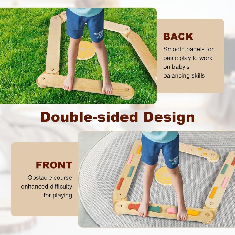 Tabla de equilibrio de madera con viga de equilibrio, peldaños, juguete Montessori para niños de 3 a 5 años, habilidades motoras gruesas, coordinación, gimnasia, carrera de obstáculos, regalo para interiores y exteriores, 6 piezas