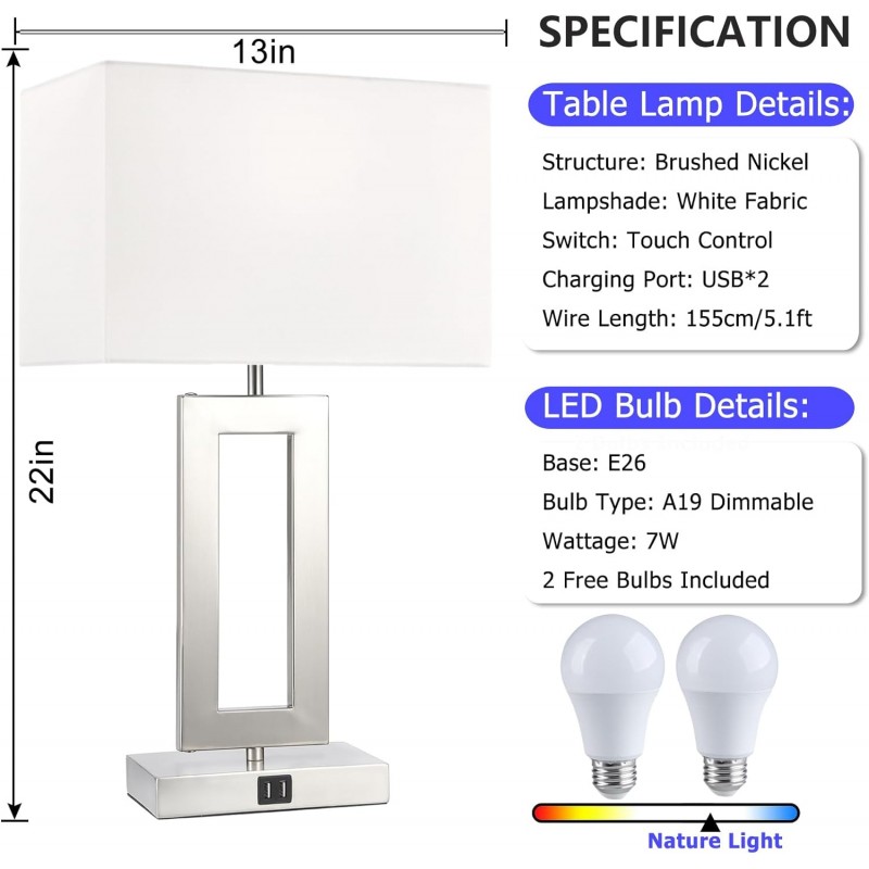 Juego de 2 lámparas de 22 pulgadas para dormitorios, lámparas de mesa con control táctil con 2 puertos USB, lámparas de mesita de noche regulables de 3 vías, lámpara blanca y de níquel cepillado para mesa auxiliar, sala de estar moderna y contemporánea