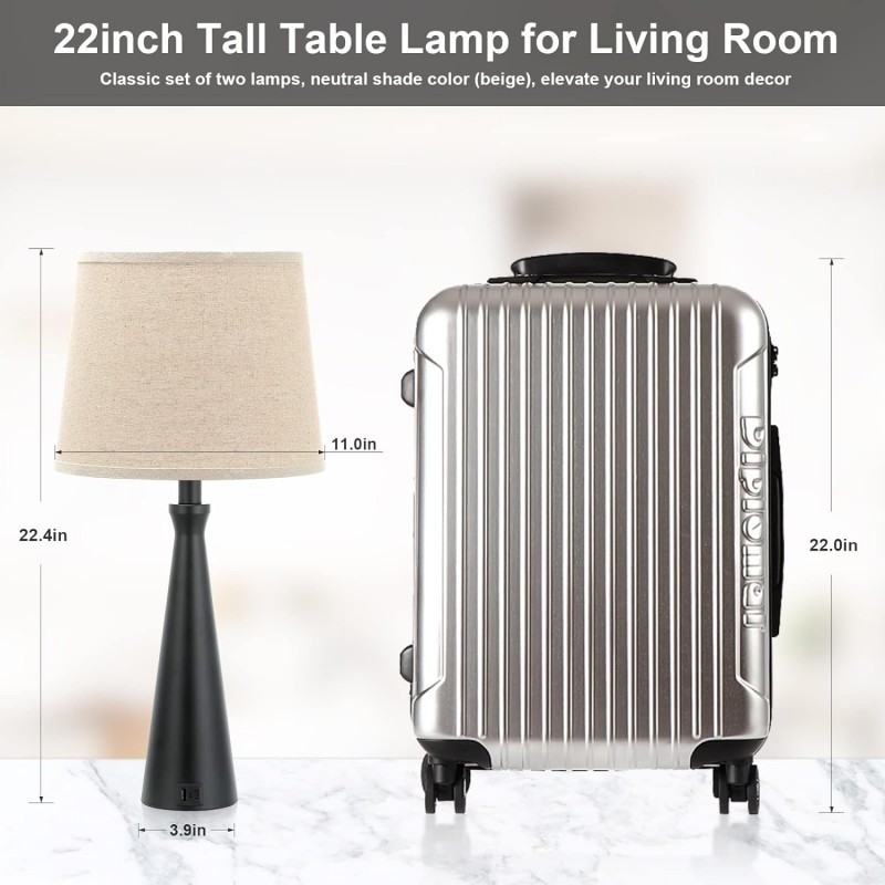 Acaxin Lámparas de noche para dormitorio, juego de 2 mesitas de noche, lámpara de mesa para sala de estar, lámparas de dormitorio con puerto USB C, lámpara lateral de cama regulable de 3 vías, lámpara de mesa grande para invitados/comedor/habitación