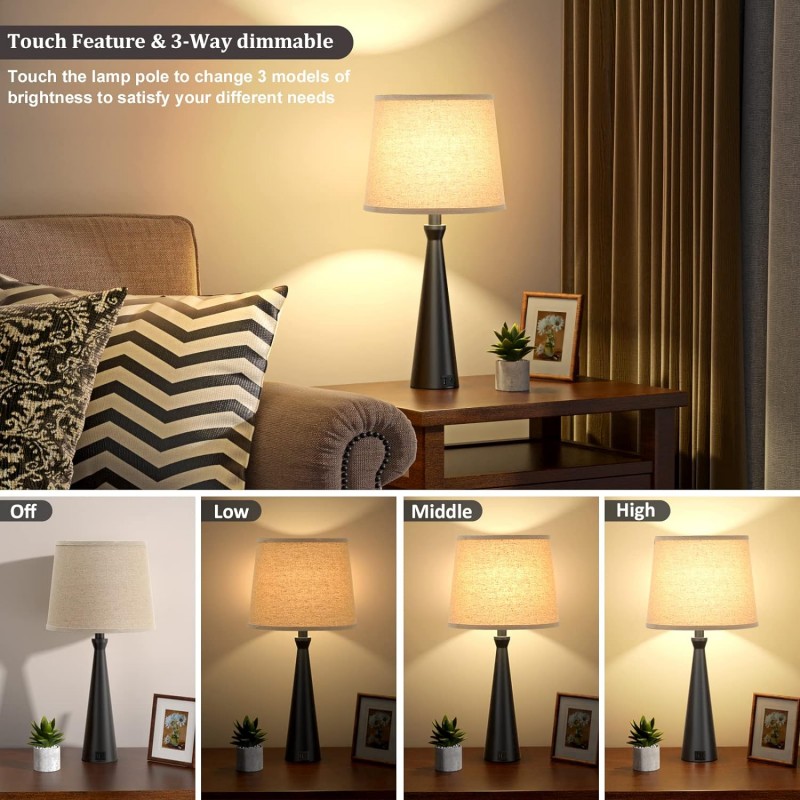 Acaxin Lámparas de noche para dormitorio, juego de 2 mesitas de noche, lámpara de mesa para sala de estar, lámparas de dormitorio con puerto USB C, lámpara lateral de cama regulable de 3 vías, lámpara de mesa grande para invitados/comedor/habitación